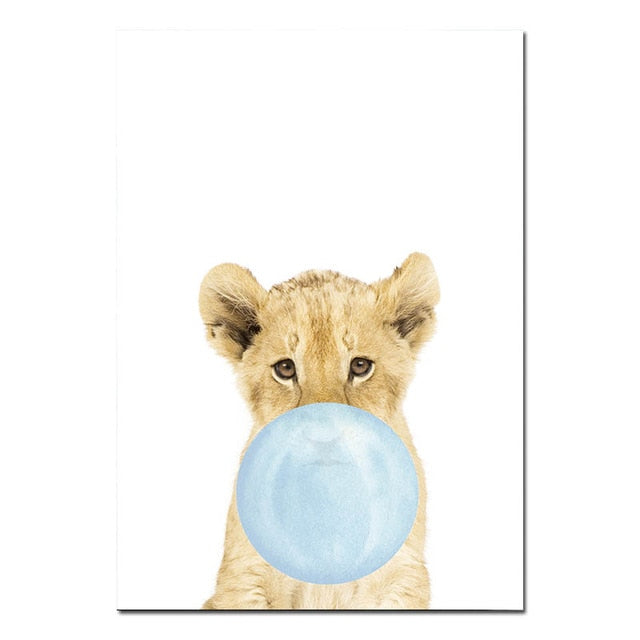 Baby Animals Blowing Blue Bubblegum Cute Nordic Nursery Wall Art Fine Art Canvas Prints Pictures For Kid's Room Baby Boy's Room Cute Wall Art Decoration