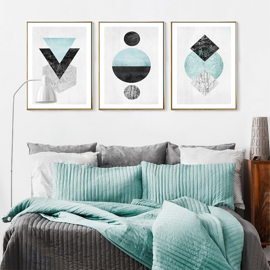 Abstract Modern Geometric Shapes Wall Art Contrasting Shapes Symbols Jade Black Marble Fine Art Canvas Prints For Modern Home Interior Decor