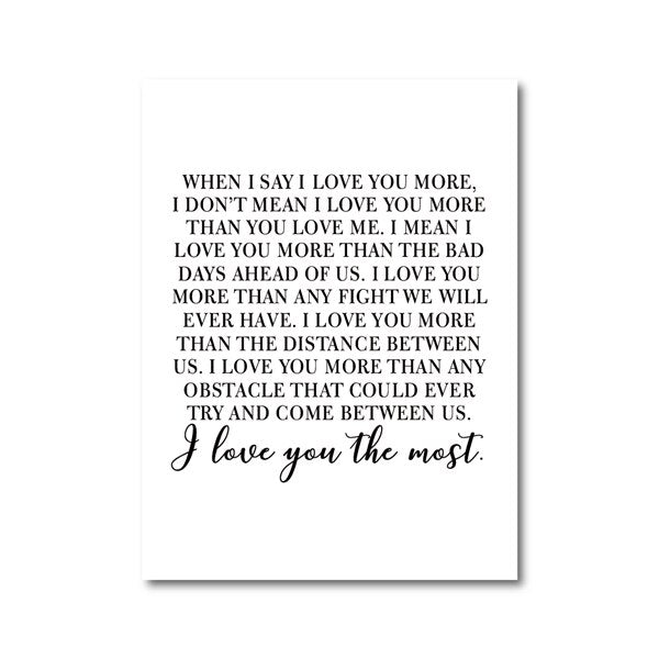 I Love You More Love Poem Wall Art Black White Fine Art Canvas Print Minimalist Quotes Posters For Wife Fiance Lovers Couples Simple Wedding Gift Pictures