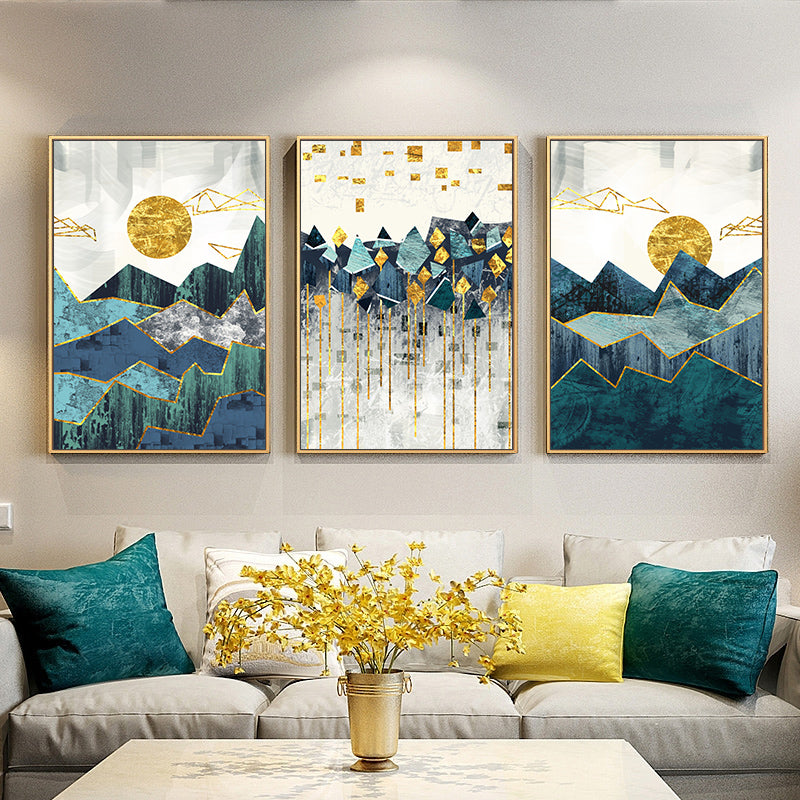 Abstract Geometric Mountain Landscape Blue Jade Green Golden Contemporary Wall Art Posters Fine Art Canvas Prints Nordic Pictures For Modern Home Decor
