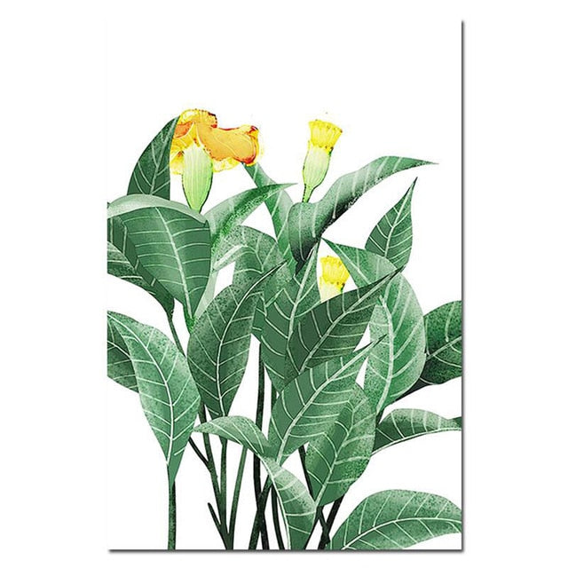 Tropical Botany Paintings Green Leaves Yellows Flowers Nordic Style Fine Art Canvas Prints Green Leaves Wall Art For Modern Home Interior Decor
