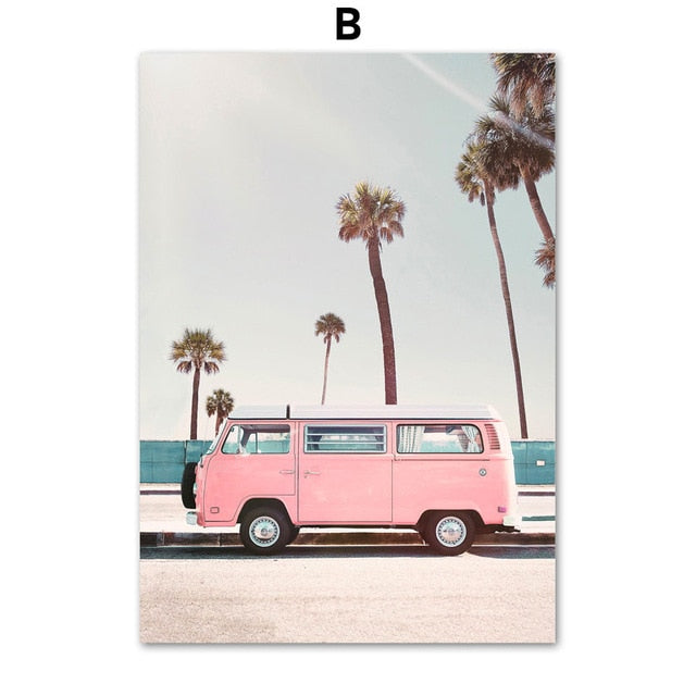 Pink Tropical Surf Camper Van Wall Art Palm Trees Cactus Posters Fine Art Canvas Prints Pictures For Living Room Bedroom Wall Decor