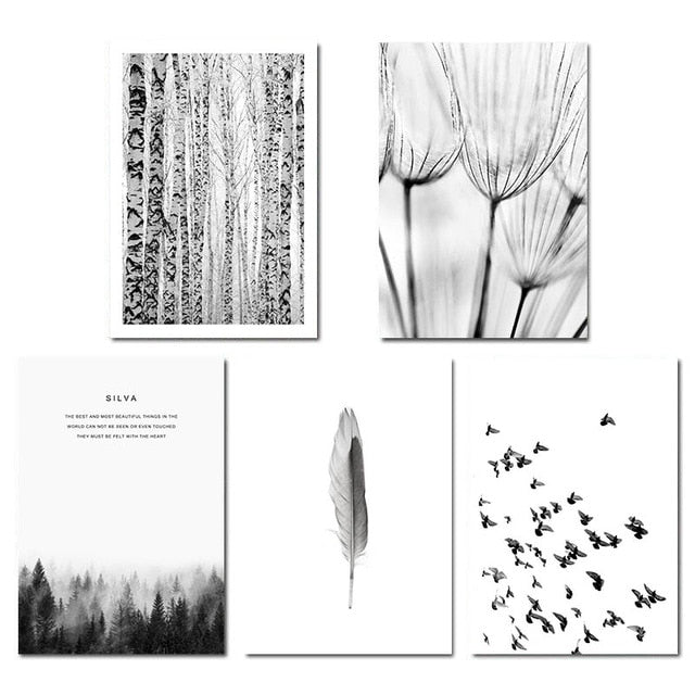 Scandinavian Forest Scenes Minimalist Black & White Gallery Wall Art Nordic Style Fine Art Canvas Prints For Living Room Modern Home Decor