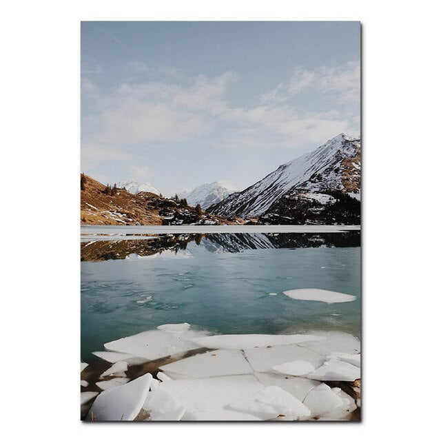 Forest Mountain Winter Wilderness Landscape Wall Art Far North Icy Lake Bison Log Cabin Travel Dreams Scandinavian Style Fine Art Canvas Prints