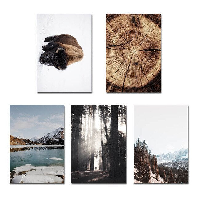 Forest Mountain Winter Wilderness Landscape Wall Art Far North Icy Lake Bison Log Cabin Travel Dreams Scandinavian Style Fine Art Canvas Prints