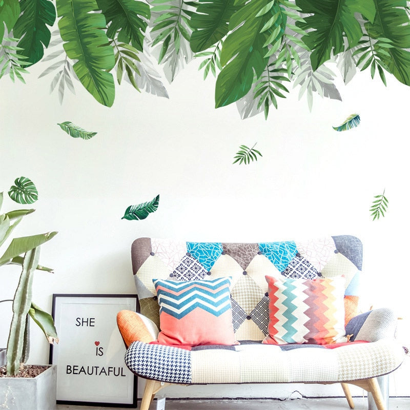 Tropical Rainforest Canopy Plant Leaves Wall Mural Removable PVC Wall Decal For Living Room Dining Room Kids Playroom Nursery Wall Decor