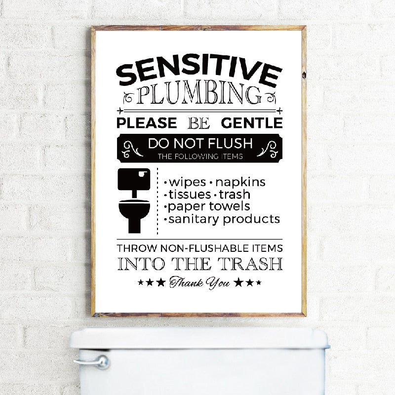 Polite Loo Plumbing Message For Bathroom Wall Art Black and White Retro Style Nordic Poster Fine Art Canvas Print For Modern Home Interior Decor