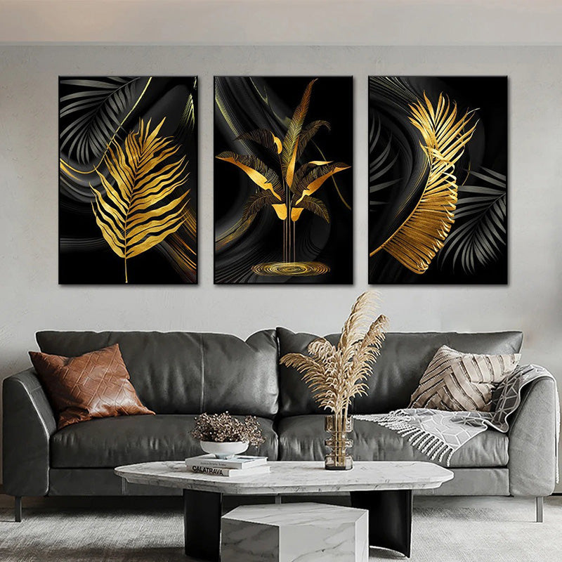 Tropical Gold Wall Art - Pictures of Golden Tropical Leaves & Exotic Botany Art for Luxury Living Room Decor