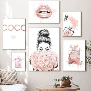 Fashion Wall Art - Nordic Wall Art Paris Pink Salon Fashion Boutique Lipstick Glamour Handbag Wall Art Decor
