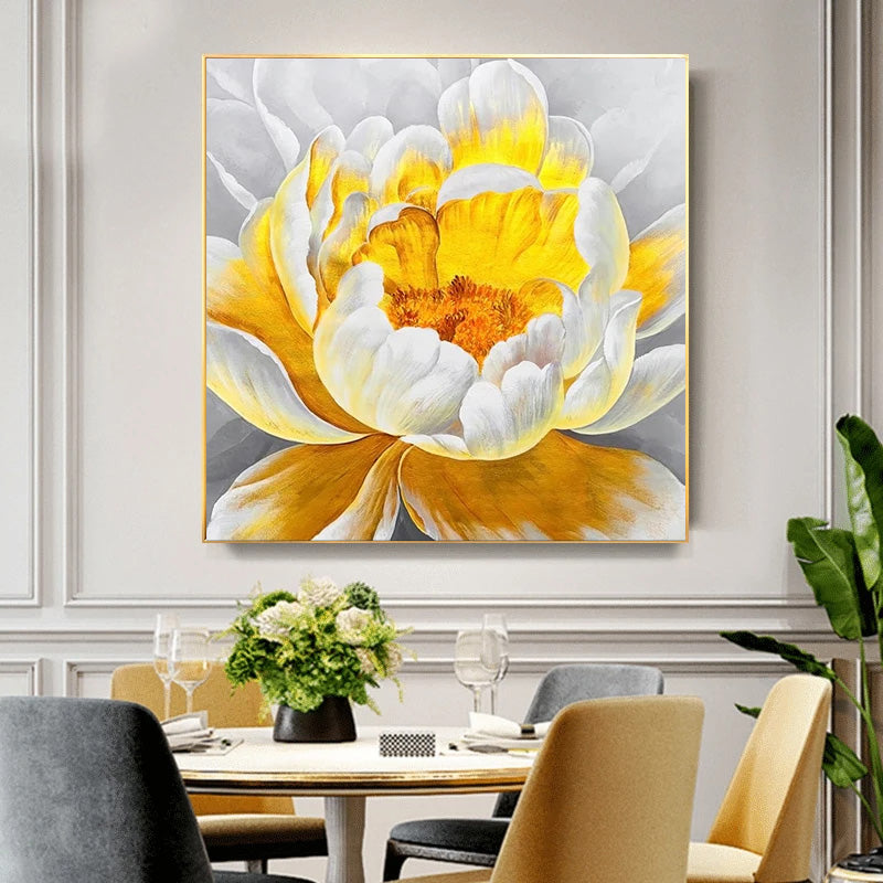 Modern Abstract Floral Wall Art Fine Art Canvas Prints Square Format White Golden Flower Pictures For Living Room Bedroom Art Decor