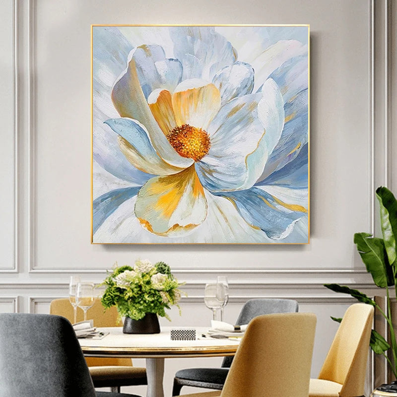 Modern Abstract Floral Wall Art Fine Art Canvas Prints Square Format White Golden Flower Pictures For Living Room Bedroom Art Decor
