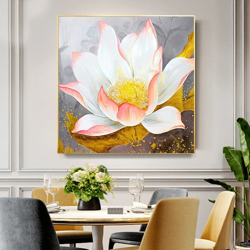 Modern Abstract Floral Wall Art Fine Art Canvas Prints Square Format White Golden Flower Pictures For Living Room Bedroom Art Decor