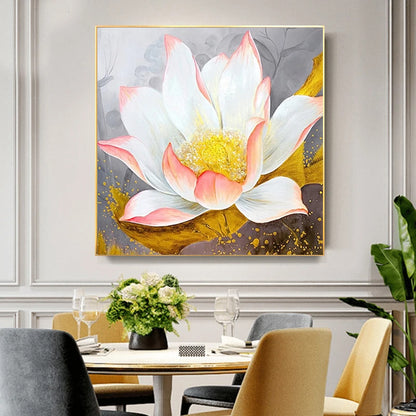 Modern Abstract Floral Wall Art Fine Art Canvas Prints Square Format White Golden Flower Pictures For Living Room Bedroom Art Decor