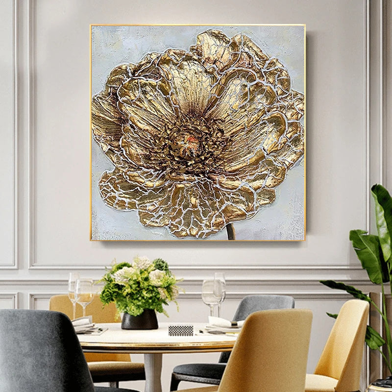 Modern Abstract Floral Wall Art Fine Art Canvas Prints Square Format White Golden Flower Pictures For Living Room Bedroom Art Decor