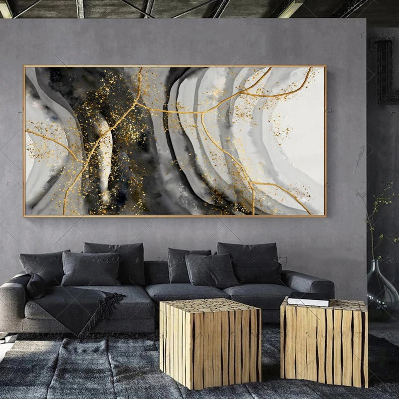 Modern Abstract Gray Beige Golden Wall Art Fine Art Canvas Prints Picture For Luxury Living Room Bedroom Art For Contemporary Interiors