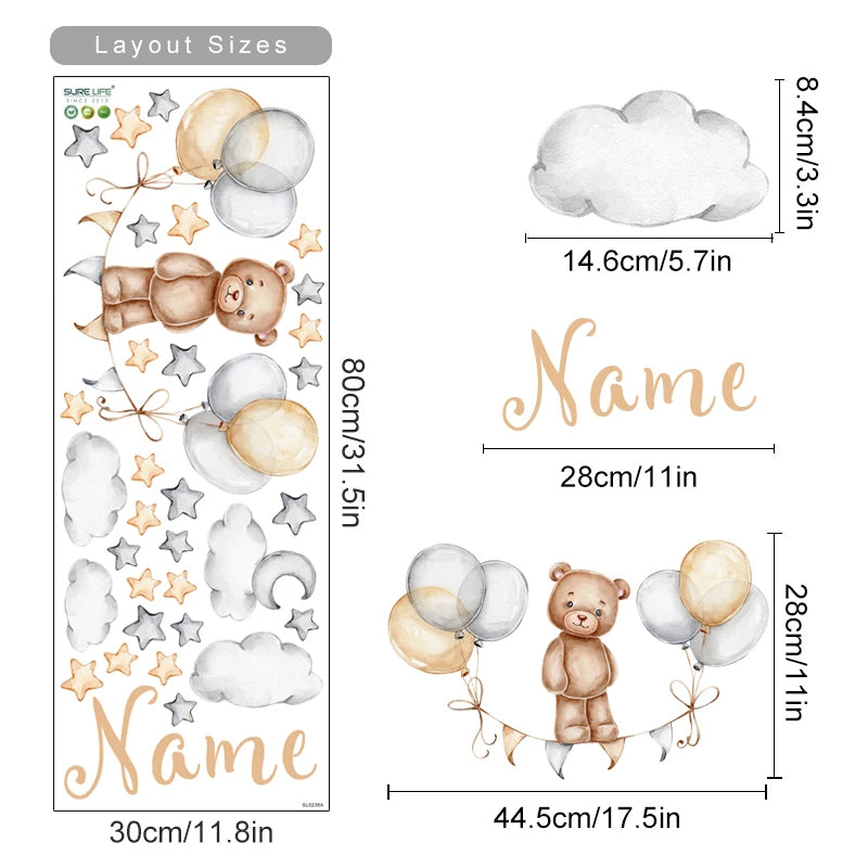 Personalized Bear Balloons Baby's Name Wall Decals For Nursery Room Removable Peel & Stick PVC Wall Stickers For Creative DIY Home Decor