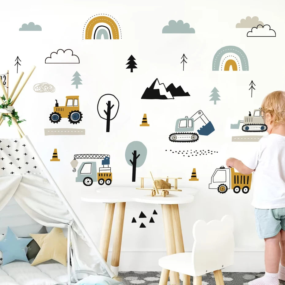 Cartoon Cute Hand Drawn Cars Cargo Truck Watercolor Wall Sticker for Kids Room Wall Decals Playroom kindergarten Nursery