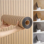 Roll of wooden strip material held by a hand, with application examples on a wall.
