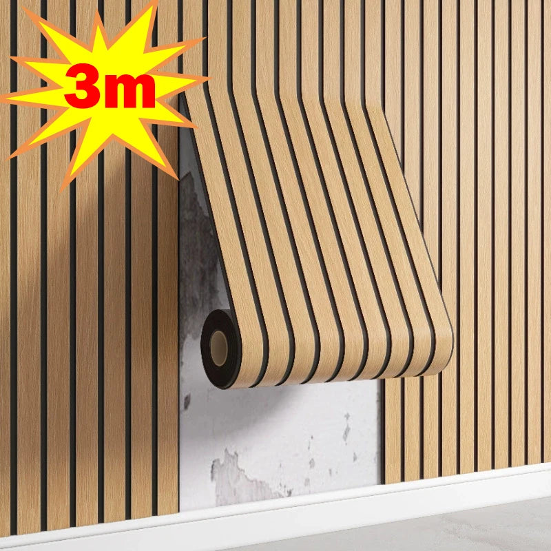 Roll of wallpaper with vertical stripes and a '3m' label on a textured wall.
