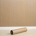 Roll of wallpaper with a wooden panel background