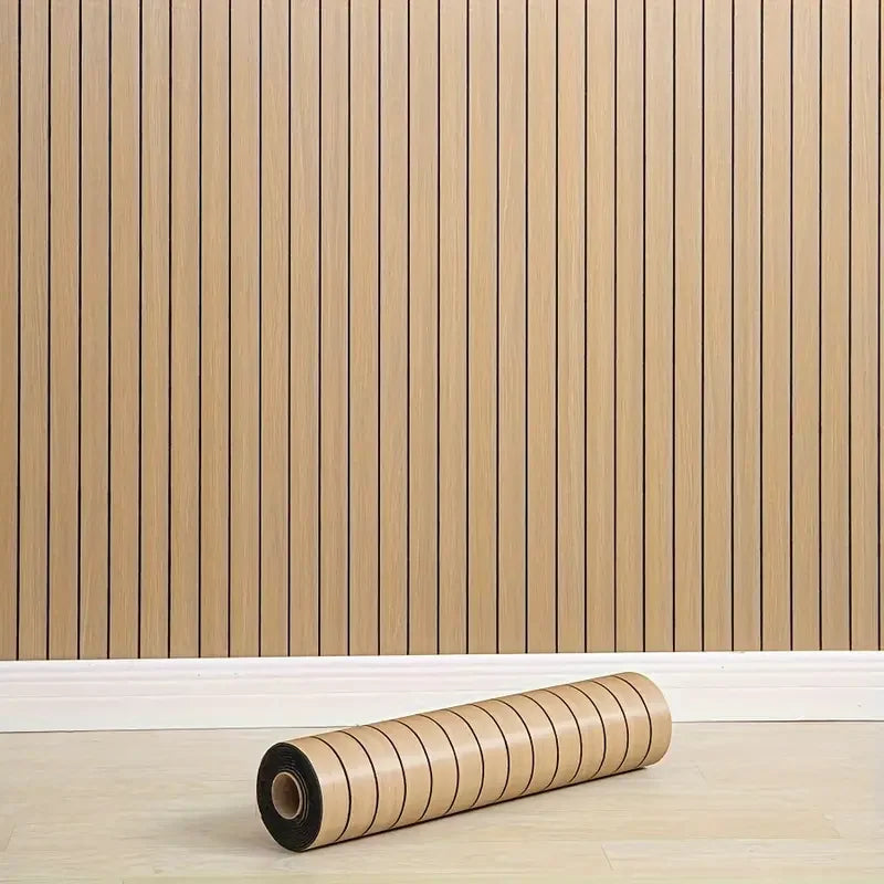 Roll of wallpaper with a wooden panel background