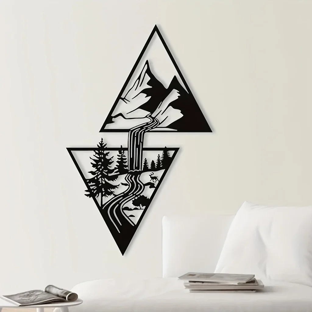 3D Wild Mountain River Wall Plaque Black Metal Wall Art Iron Craft Wall Decoration For Living Room Dining Room Creative Nordic Home Decor