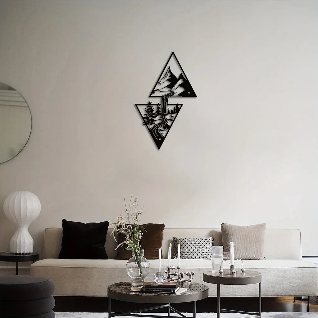 3D Wild Mountain River Wall Plaque Black Metal Wall Art Iron Craft Wall Decoration For Living Room Dining Room Creative Nordic Home Decor