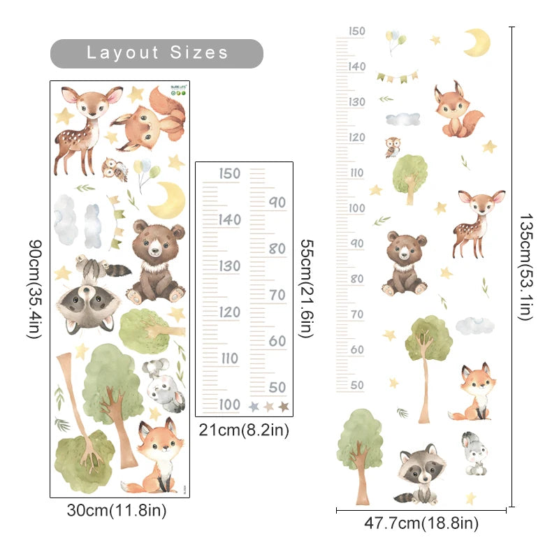 Cute Woodland Animals Height Measurement Wall Sticker For Nursery Room Removable Peel & Stick PVC Wall Decal For Creative Kid's Room Decor