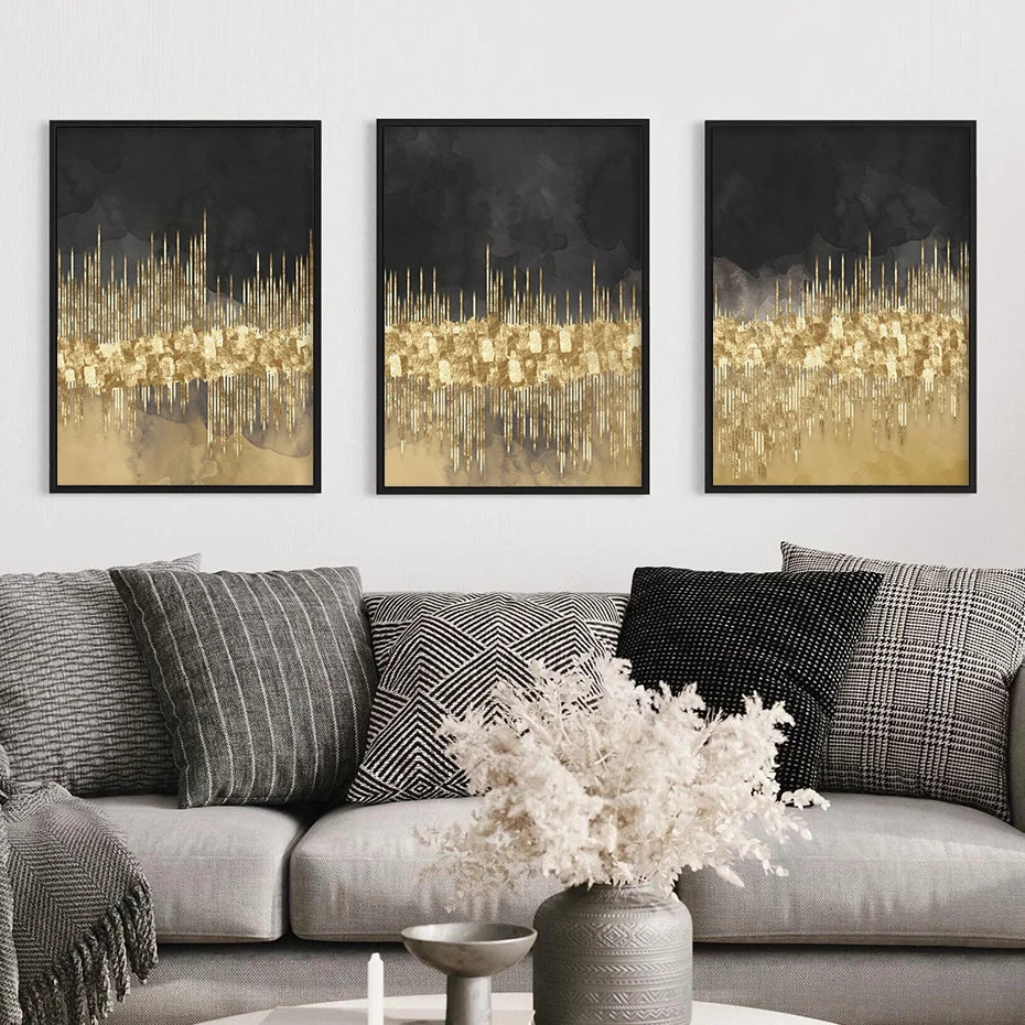 Abstract Golden Cityscape On Black Watercolor Canvas Print Wall Art Light Luxury Pictures For Living Room Bedroom Home Office Decor