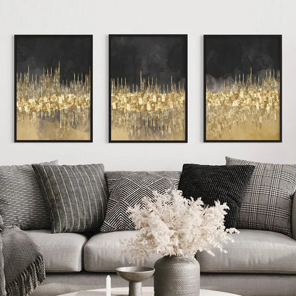 Abstract Golden Cityscape On Black Watercolor Canvas Print Wall Art Light Luxury Pictures For Living Room Bedroom Home Office Decor