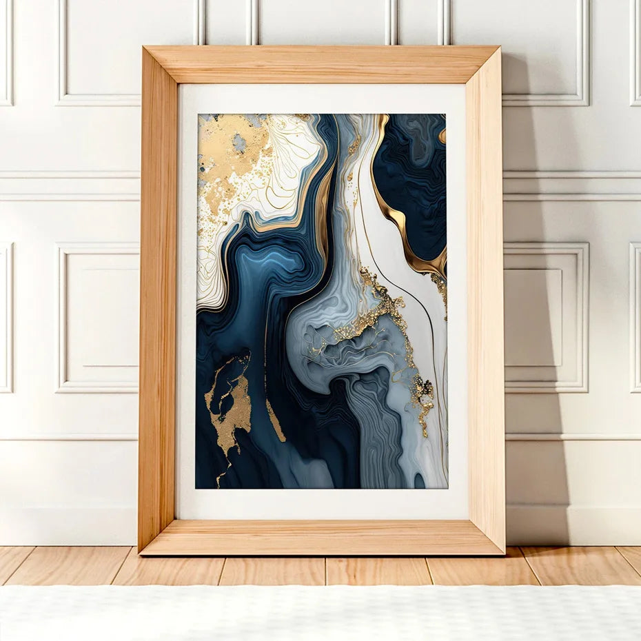 Deep Oceanic Blue Golden Marble Print Wall Art Fine Art Canvas Prints Posters Pictures For Living Room Dining Room Light Luxury Home Decor