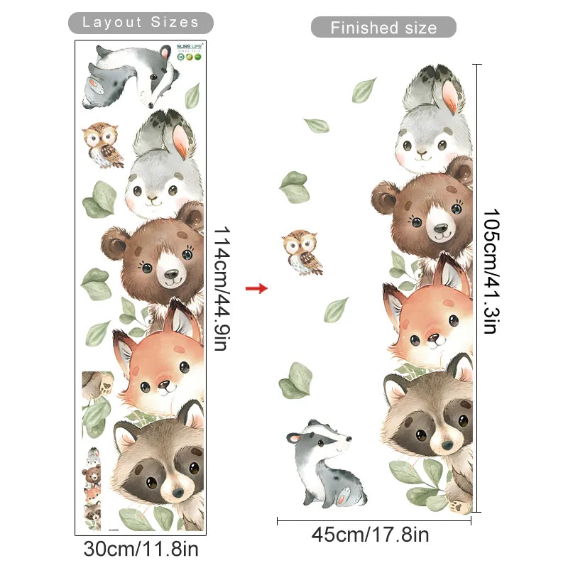 Cartoon Door Stickers Forest Animals Bear Rabbit Watercolor Wall Sticker for Kids Room Baby Nursery Room Wall Decals Home Decor