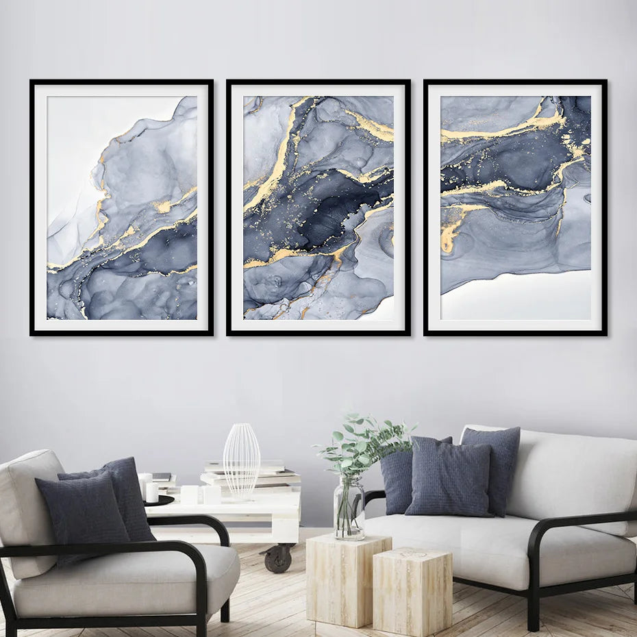 Shades of Blue Abstract Liquid Marble Wall Art Fine Art Canvas Print With Golden Accents Pictures For Living Room Contemporary Bedroom Art Decor