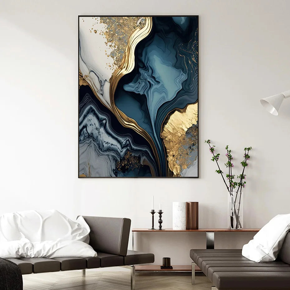 Deep Oceanic Blue Golden Marble Print Wall Art Fine Art Canvas Prints Posters Pictures For Living Room Dining Room Light Luxury Home Decor