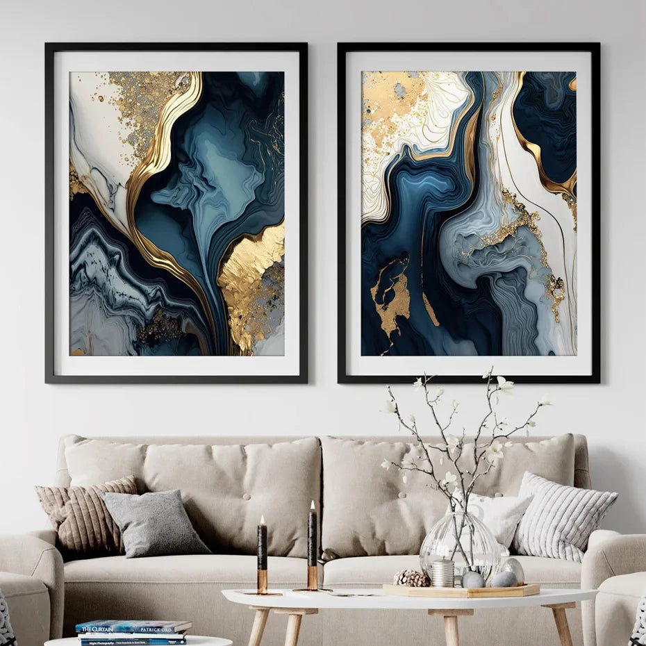 Deep Oceanic Blue Golden Marble Print Wall Art Fine Art Canvas Prints Posters Pictures For Living Room Dining Room Light Luxury Home Decor