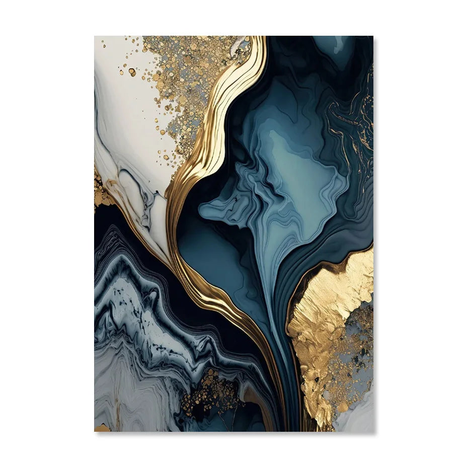 Deep Oceanic Blue Golden Marble Print Wall Art Fine Art Canvas Prints Posters Pictures For Living Room Dining Room Light Luxury Home Decor