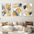 * Featured Sale * Modern Botanical Golden Tropical Leaves Wall Art Fine Art Canvas Prints Pictures For Living Room Kitchen Dining Room Wall Decor
