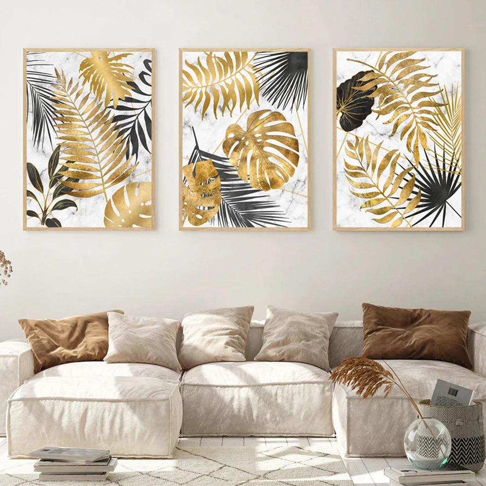 * Featured Sale * Modern Botanical Golden Tropical Leaves Wall Art Fine Art Canvas Prints Pictures For Living Room Kitchen Dining Room Wall Decor