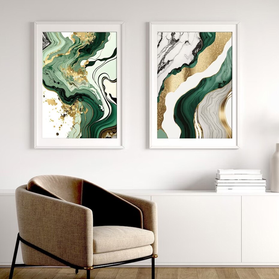 Abstract Liquid Golden Green Marble Print Wall Art Fine Art Canvas Prints Pictures For Luxury Living Room Dining Room Home Office Decor