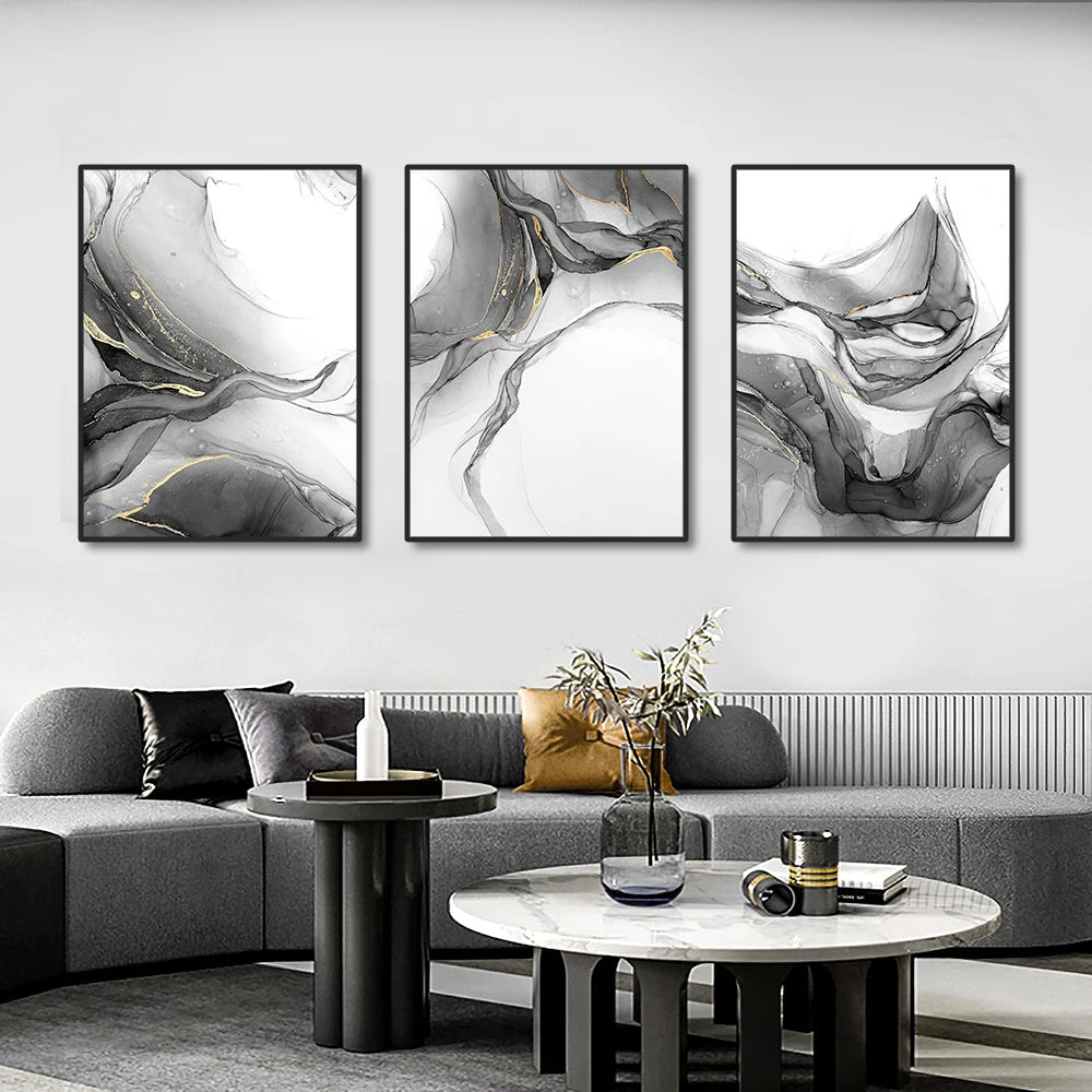 Black & White Liquid Marble Abstract Wall Art Fine Art Canvas Prints Pictures For Modern Living Room Home Office Decor