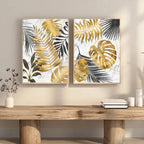 * Featured Sale * Modern Botanical Golden Tropical Leaves Wall Art Fine Art Canvas Prints Pictures For Living Room Kitchen Dining Room Wall Decor
