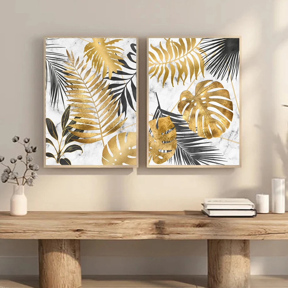 * Featured Sale * Modern Botanical Golden Tropical Leaves Wall Art Fine Art Canvas Prints Pictures For Living Room Kitchen Dining Room Wall Decor