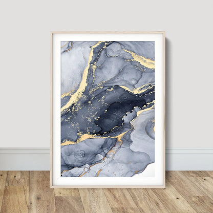 Shades of Blue Abstract Liquid Marble Wall Art Fine Art Canvas Print With Golden Accents Pictures For Living Room Contemporary Bedroom Art Decor