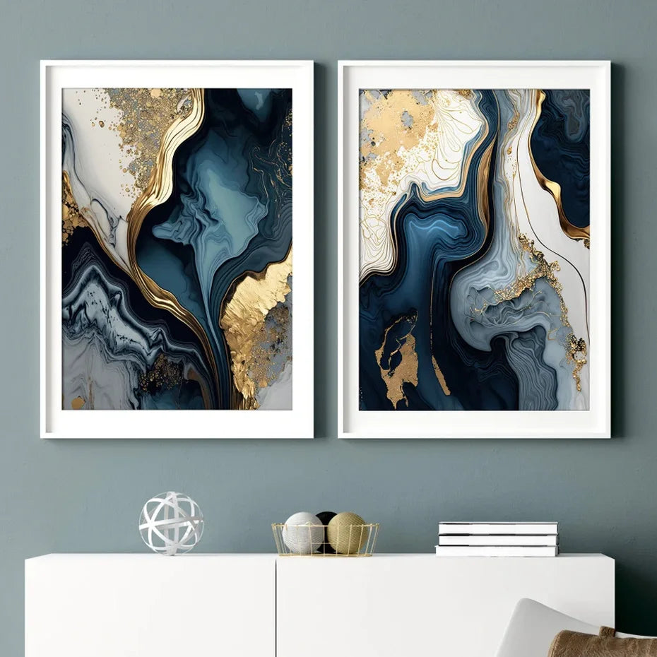 Deep Oceanic Blue Golden Marble Print Wall Art Fine Art Canvas Prints Posters Pictures For Living Room Dining Room Light Luxury Home Decor