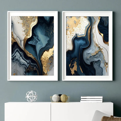 Deep Oceanic Blue Golden Marble Print Wall Art Fine Art Canvas Prints Posters Pictures For Living Room Dining Room Light Luxury Home Decor