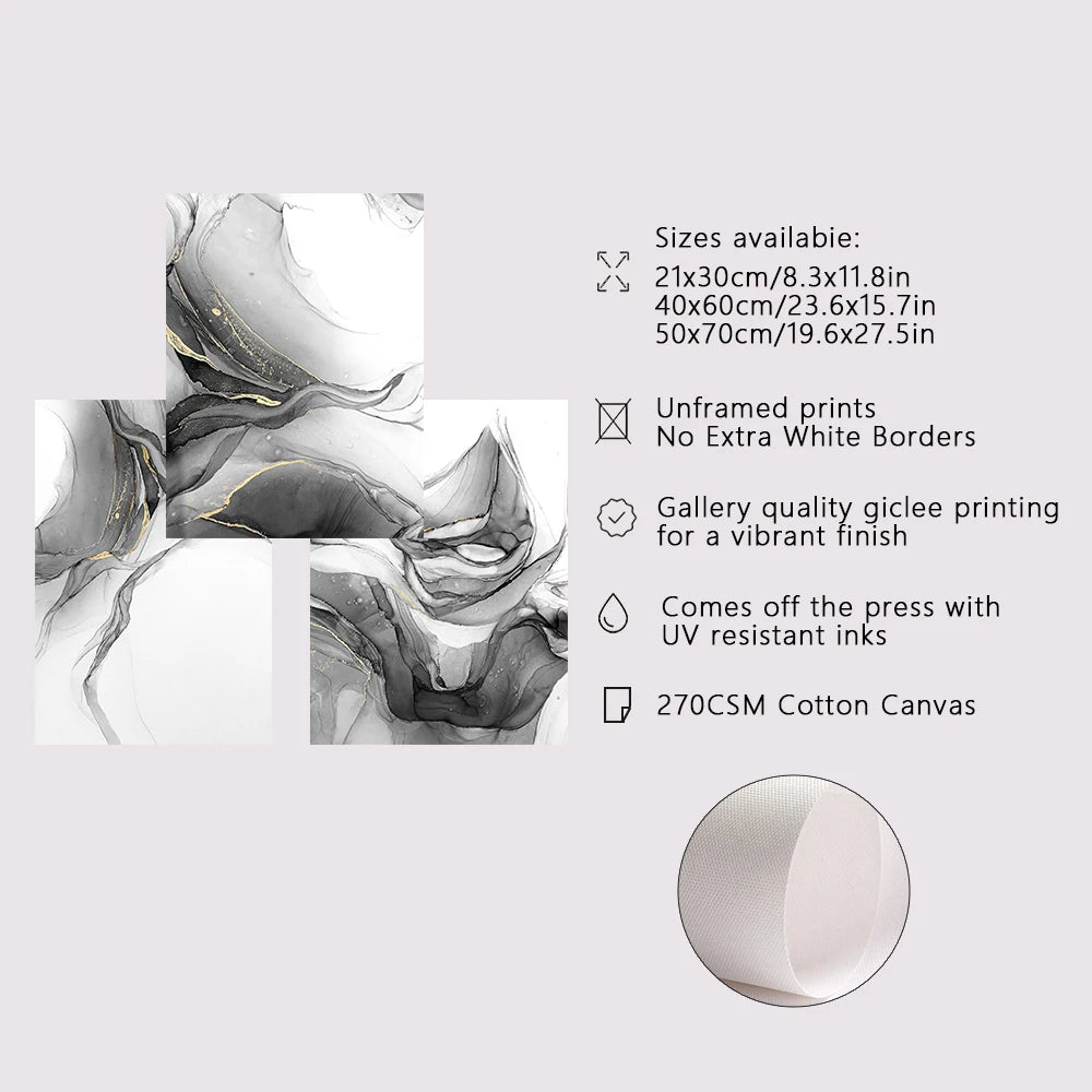 Black & White Liquid Marble Abstract Wall Art Fine Art Canvas Prints Pictures For Modern Living Room Home Office Decor