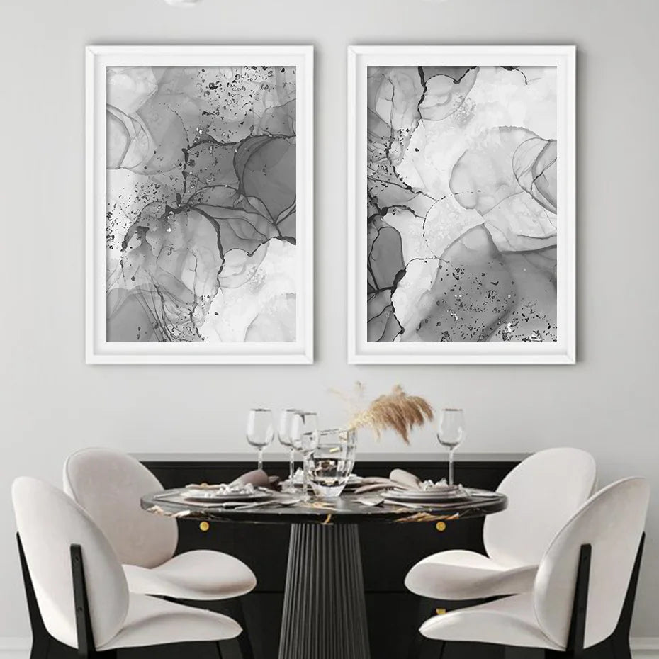 Modern Gray Liquid Marble Print Wall Art Fine Art Canvas Prints Abstract Black White Poster Pictures For Living Room Home Office Art Decor