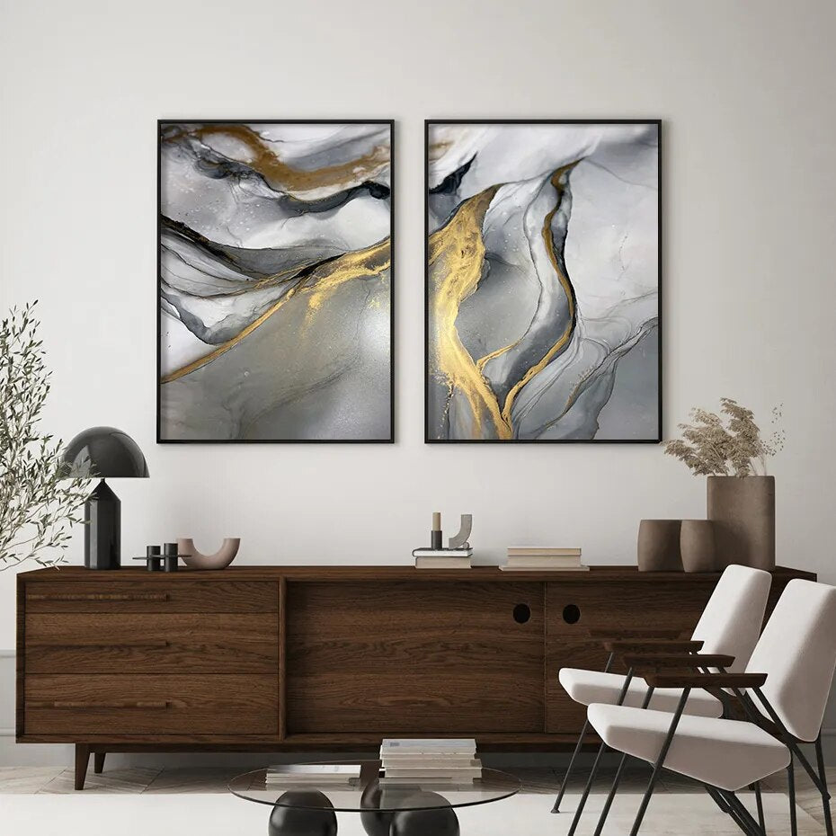 Modern Abstract Black Gray Golden Liquid Marble Print Wall Art Fine Art Canvas Prints For Modern Apartment Living Room Home Office Decor