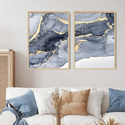 Shades of Blue Abstract Liquid Marble Wall Art Fine Art Canvas Print With Golden Accents Pictures For Living Room Contemporary Bedroom Art Decor