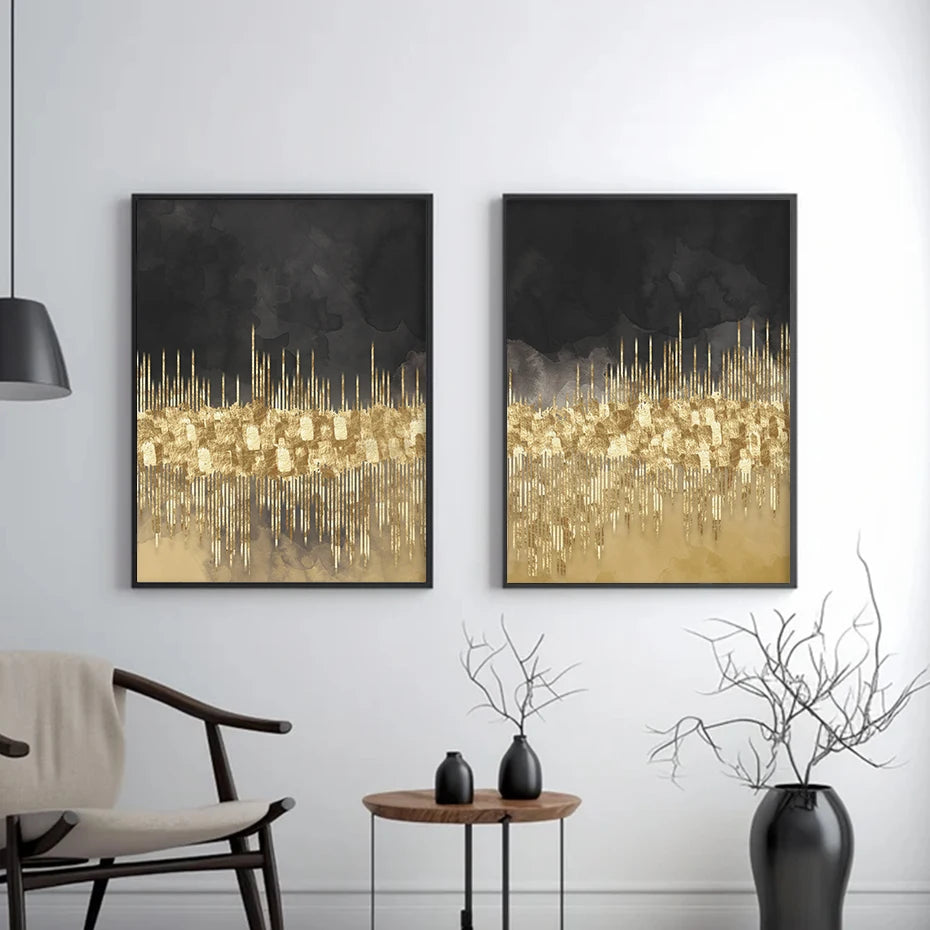 Abstract Golden Cityscape On Black Watercolor Canvas Print Wall Art Light Luxury Pictures For Living Room Bedroom Home Office Decor